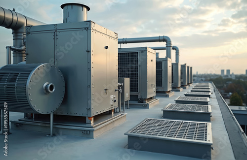 Industrial HVAC units and air ducts on building roof. Complex mechanical system for climate control on a modern structure. Large scale climate management equipment.
