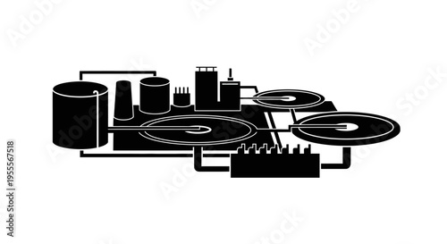 Wastewater Treatment Plant Silhouette Icon - Industrial Water Purification Facility and Sewerage Processing Unit Vector Graphic for Environmental Engineering