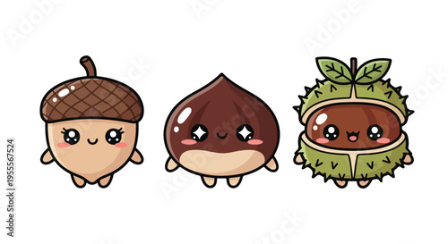 Three cartoon nut characters with smiling faces, each in a different stage of growth, against a clean white background with a playful and whimsical mood.