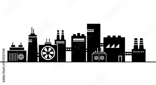 Industrial Factory Silhouette Skyline, Minimalist Manufacturing Plant and Power Station Vector Illustration in Black and White