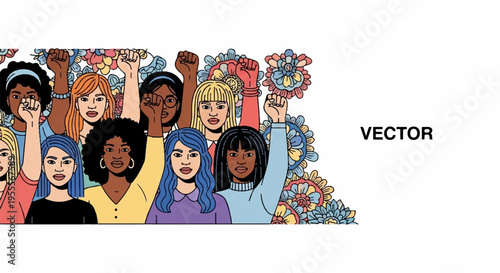 Diverse group of women with different skin tones and hairstyles raising hands in solidarity and celebration on white background