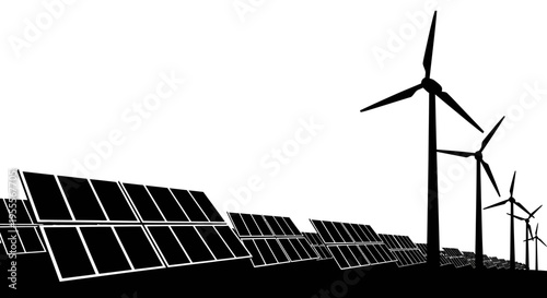 Renewable Energy Silhouette with Solar Panels and Wind Turbines on White Background - Sustainable Green Power Concept