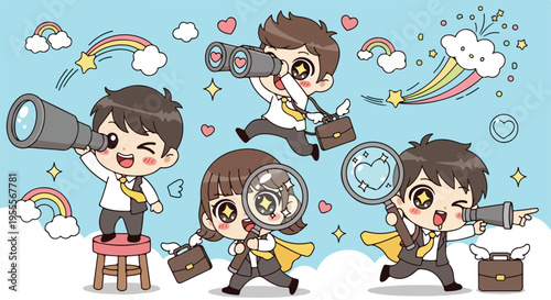Cartoon illustration of four business characters searching with magnifying glasses and binoculars in a whimsical sky with rainbows and clouds.