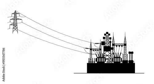 Electrical Power Substation and High Voltage Transmission Towers Silhouette Isolated on White