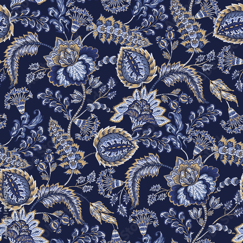 Cuadro en lienzo Navy Blue and Gold Jacobean Floral Seamless Pattern - Vintage Chinoiserie Botani
