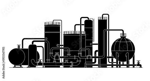 Industrial Factory Silhouette with Storage Tanks and Pipeline Systems - Minimalist Black and White Vector Illustration of a Chemical Plant or Oil Refinery