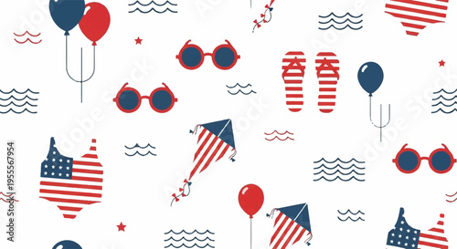 Patriotic summer 4th of july party decorations with american flag balloons and sunglasses on white background