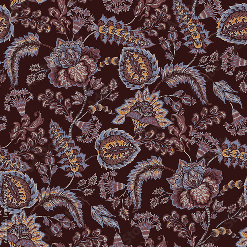 Dark Burgundy Jacobean Floral Seamless Pattern - Vintage Blue and Gold Botanical Textile Print