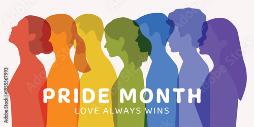 Pride Month banner. Different people stand side by side together.  background, banner, poster, greeting card, printables. vector illustration