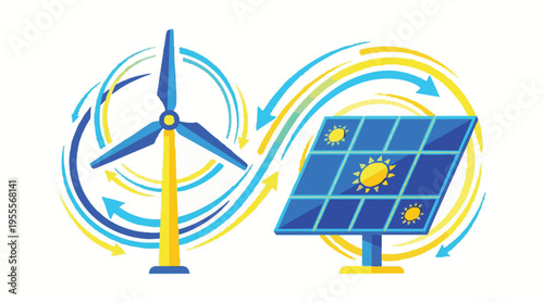 Renewable Energy Concept Showing Wind Turbine and Solar Panel Array