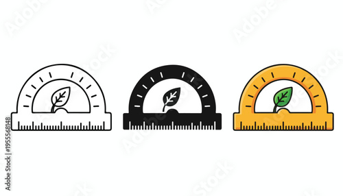 Three colored illustration protractors with leaf on white background