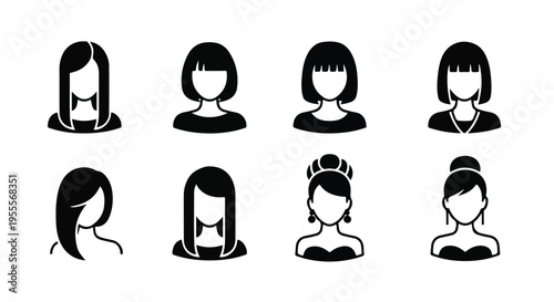 Flat lay of eight black and white minimalist female head icons with various hairstyles against a clean white background.