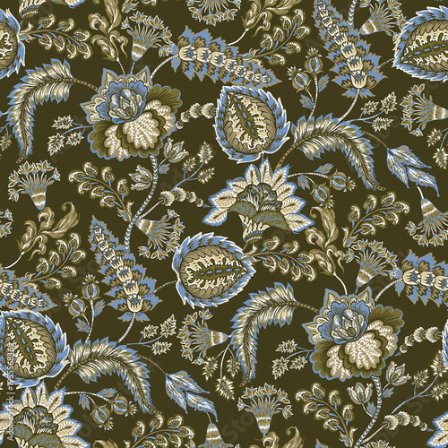 Vintage Jacobean Floral Seamless Pattern - Dark Olive Green and Blue Botanical Textile Print
