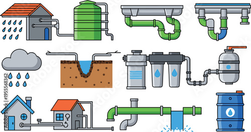 Rainwater harvesting system and water filtration process icon set