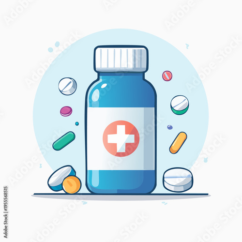 Blue Pill Bottle with Colorful Pills Illustration.