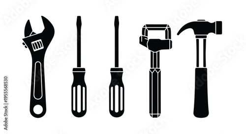 Flat lay of five black silhouette tools including a wrench, screwdrivers, pliers, and a hammer on a white background.
