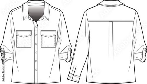 Women's Oversized Roll-Up Sleeve Shirt with Chest Pockets Fashion Flat Sketch - Front and Back View