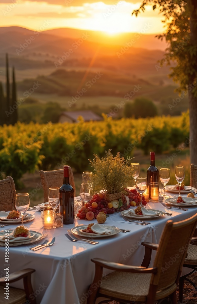 Obraz premium Table set for romantic dinner in tuscan vineyard at sunset. Grapes fruits and candles adorn table with wine. Italian countryside hills backdrop. Scenic outdoor dining experience.