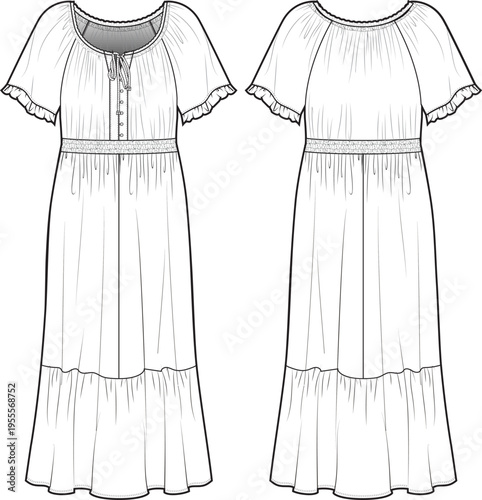 Women's Boho Tiered Maxi Dress with Ruffle Sleeves Fashion Flat Sketch - Front and Back View