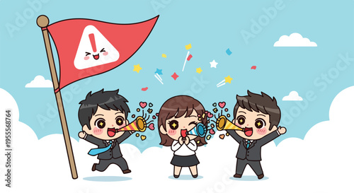 Cartoon illustration of three business professionals celebrating with a warning flag and party poppers against a blue sky with clouds.