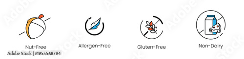 Allergen-free and food intolerance dietary label vector line icons, featuring nut-free, gluten-free, and non-dairy symbols for safe product packaging.