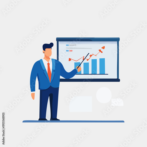 Businessman presenting financial data on a projection screen.