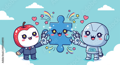 Cartoon illustration of a red apple-headed businessperson and a robot putting together a blue puzzle piece amidst colorful hearts and sparks against a light blue sky with clouds.