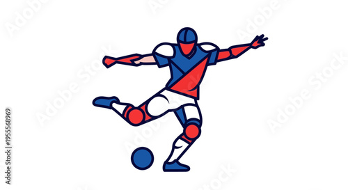 Robot kicking a ball in a dynamic pose with blue red and white colors