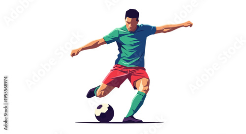 Man kicking soccer ball in motion isolated on white background