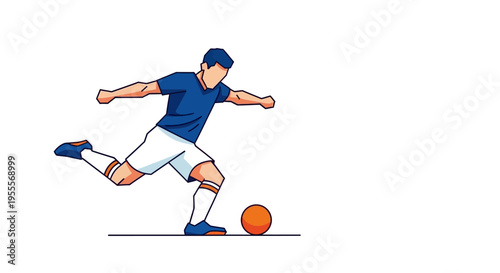 Man kicking soccer ball in blue shirt and white shorts