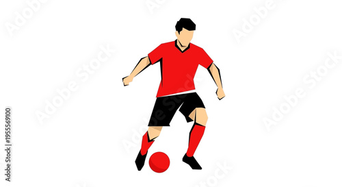 Soccer player in red uniform kicking ball on white background