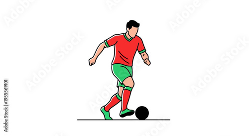 Man in red and green uniform playing soccer with ball