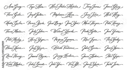 Collection of luxury handwritten signature sheets in elegant cursive script on white background for branding and design