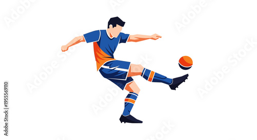 Soccer player kicking ball in mid action on white background
