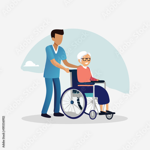 Caring caregiver assisting elderly woman in wheelchair outdoors.