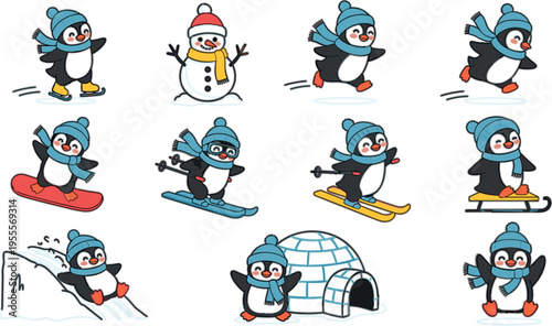 Cute penguin winter activities set with skiing snowboarding skating snowman and igloo playful cartoon characters vector illustration