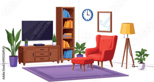 Modern living room interior with armchair bookshelf tv cabinet plants lamp and wall decor cozy home flat vector illustration