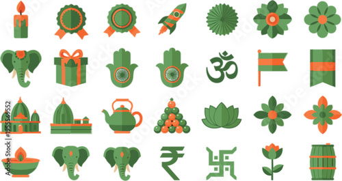 Indian cultural symbols set with diya elephant om rupee lotus rocket and decorative elements festive traditional vector illustration