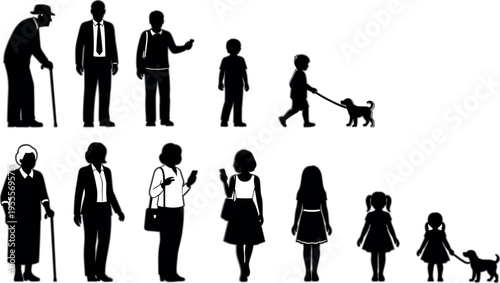 People silhouettes set with men women children elderly and walking dog isolated black figures collection vector illustration