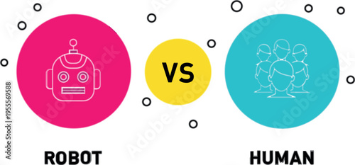 Robot versus human concept illustration with artificial intelligence and people comparison technology debate modern flat vector design