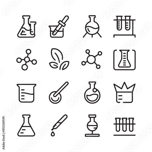 Collection of chemistry and biology related line icons representing scientific tools