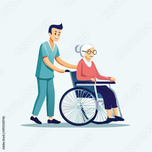 Caring male nurse assists elderly woman in wheelchair, providing compassionate support and mobility aid.