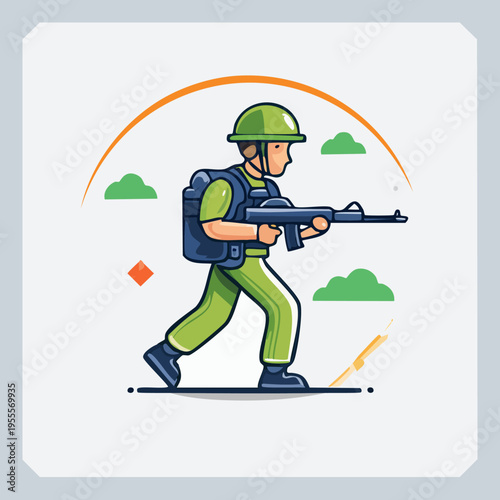 Cartoon Soldier on Patrol with Rifle and Backpack.