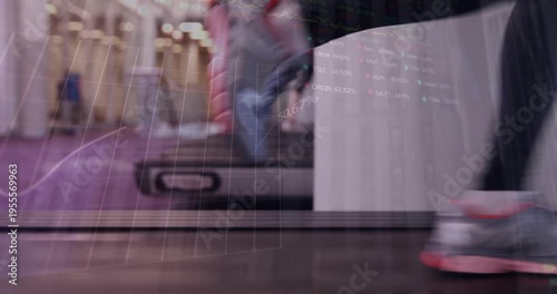 Animation of graphs over legs of caucasian woman exercising at treadmill