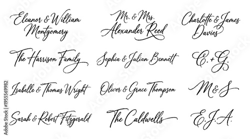 Cursive wedding signature sheet with romantic calligraphy styles for invitations and marriage