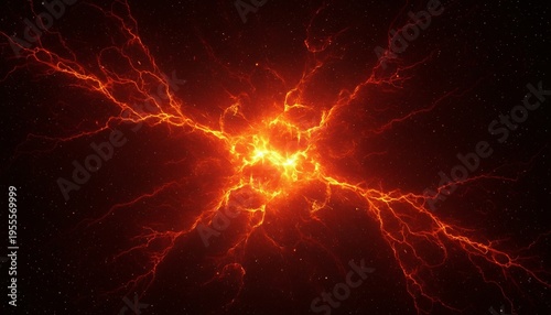 A vibrant and dramatic depiction of a bright orange explosion in space with lightning-like energy emanating from the center