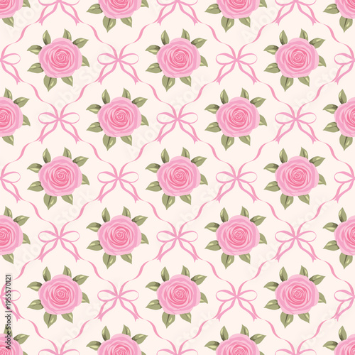 Seamless pink rose pattern with ribbon trellis and bows, elegant coquette floral vector background.