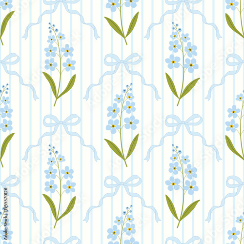 Floral seamless pattern with blue forget-me-not flower with stripes and bows, elegant coquette vector print.