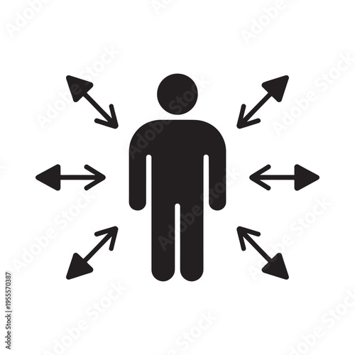 Black silhouette of a person surrounded by arrows pointing in various directions