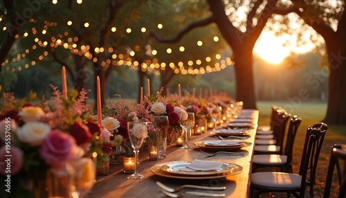 Outdoor wedding reception long table set for dinner. Floral arrangements, candles and string lights create a magical twilight atmosphere. Guests will dine under glowing orbs as sun sets.